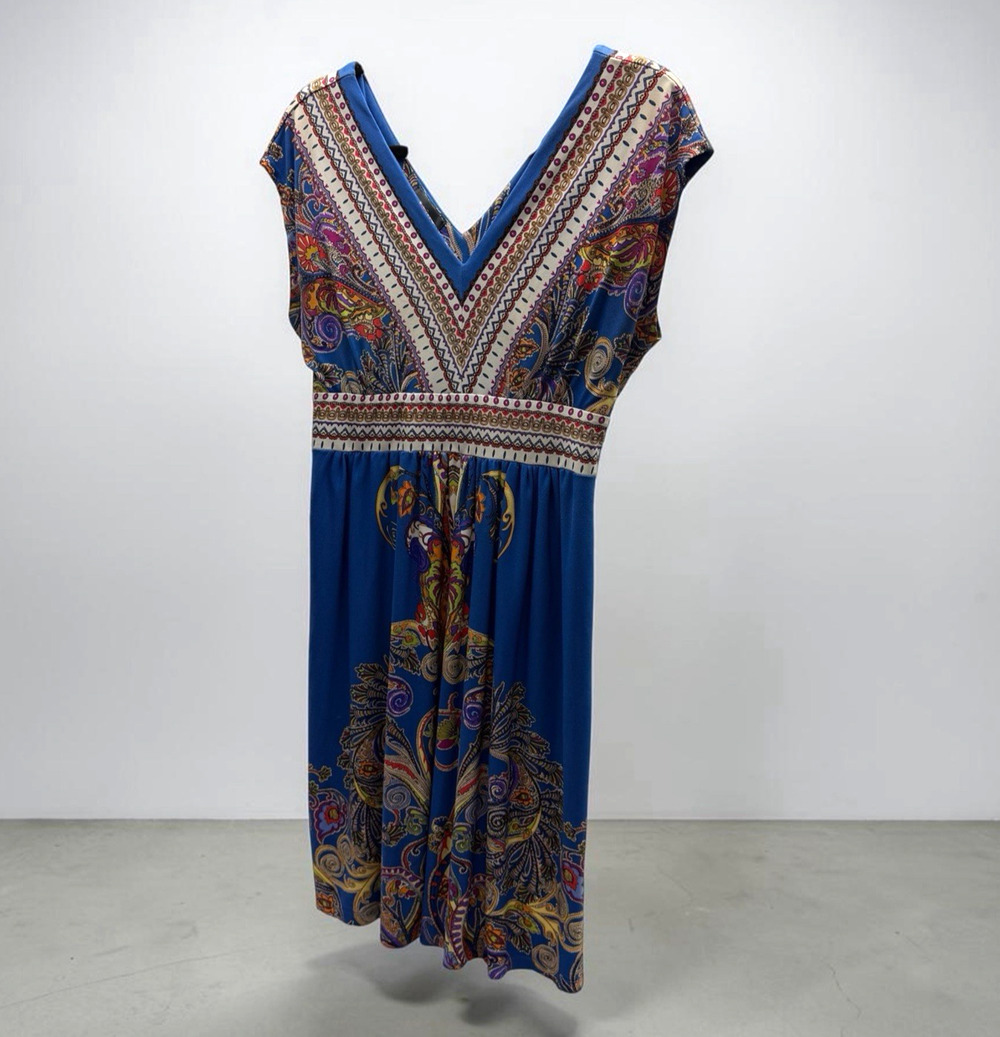 Kiara Blue Paisley Boho Dress Women's Small V Neck Empire Waist Midi